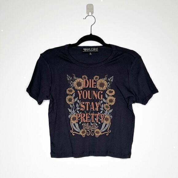 NEW Vinyl Icons Die Young Stay Pretty Graphic T-Shirt Top Women Gray Size Large - Picture 1 of 4